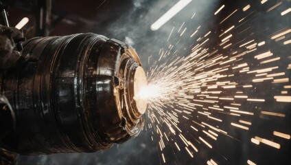 Close up of a metal grinding machine creating sparks in a dark industrial setting.