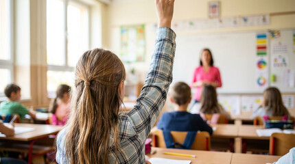 Student engagement and active learning with a young girl raising her hand to answer a question during a school lesson.