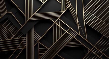 Intricate golden lines layering over dark geometric background forms