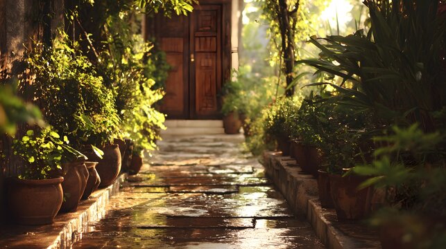 Sunlight illuminates a wet stone pathway leading toward a rustic wooden entrance surrounded by potted foliage.