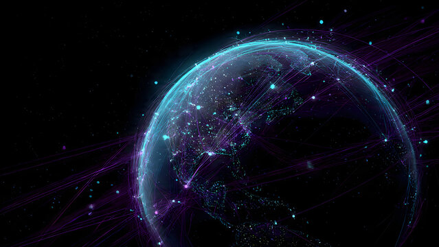 Spectacular abstract rendering of Earth as a digital node within a vast cosmic telecommunication network, with pulsing energy channels and satellite arrays enabling instantaneous global communication
