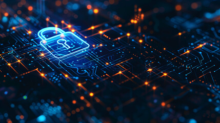 Cybersecurity Lock on Futuristic Circuit Board