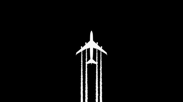 Airplane silhouette with drifting white contrails creating a smooth continuous flying effect on black background