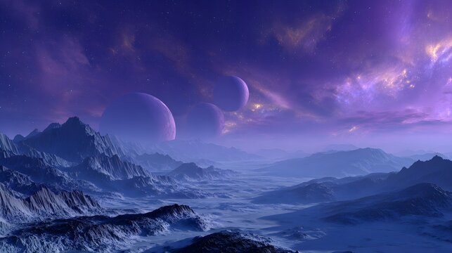 Multiple alien planets hang over a rugged, mountainous landscape under a vibrant twilight sky