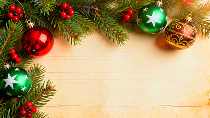 Festive christmas background featuring ornaments pine branches and red berries creating a holiday season atmosphere perfect for greeting cards invitations and seasonal designs on a wooden surface