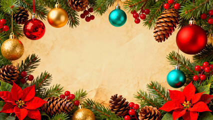 Festive christmas background with ornaments pine cones poinsettias and red berries creating a holiday frame on parchment paper perfect for christmas cards and seasonal greetings design elements