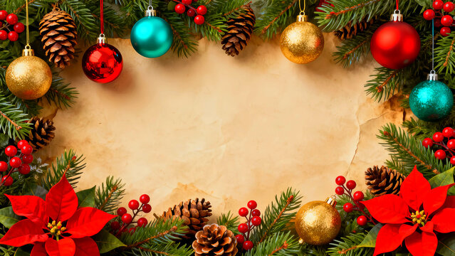 Festive christmas background with ornaments pine cones poinsettias and blank parchment for holiday greetings invitations or seasonal designs creating a warm and inviting atmosphere - Powered by Adobe