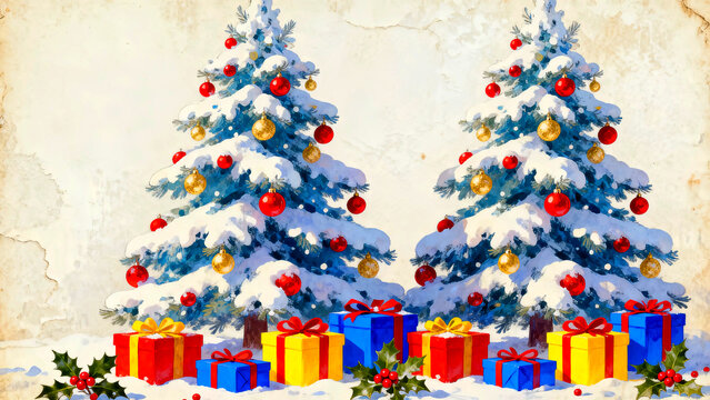 Snowy christmas trees adorned with red and gold ornaments stand majestically above colorful presents wrapped with ribbons creating a festive holiday scene perfect for christmas cards and seasonal gree - Powered by Adobe