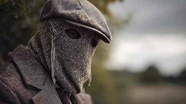 Figure in herringbone cap and jacket face obscured by mesh outdoors looking to the side