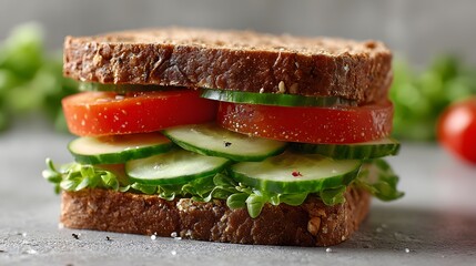 Stacked vegetarian sandwich built with whole grain bread and fresh garden produce is ready for consumption.