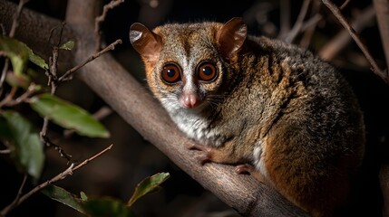 Obraz premium Small primate with large eyes clings to a tree branch in darkness