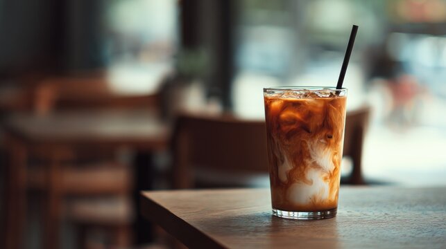 Iced latte swirling in a glass cup on a wooden table in a cafe interior