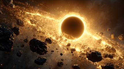 Dense field of celestial debris orbits a luminous gravitational anomaly in deep space