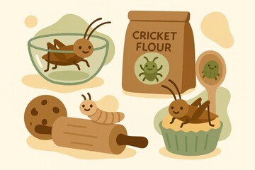 Quirky cricket themed culinary illustration featuring cricket flour, baked goods, and playful insect characters conveying sustainable food culture and innovative culinary practices