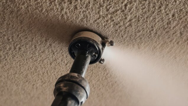 Close up of a popcorn ceiling being sprayed with a texture sprayer.