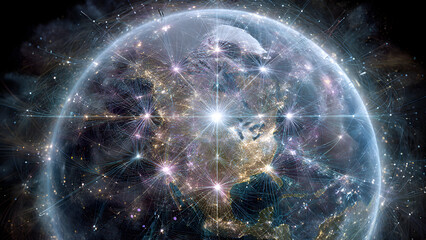 Contemporary abstract artwork showing Earth as a living digital organism with veins of telecommunication data, wireless access points, satellite coverage zones, and metropolitan network cores