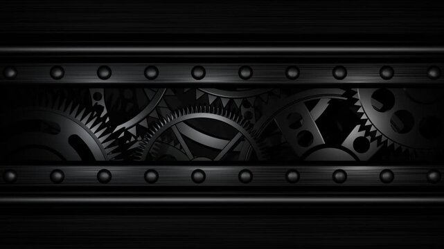 Complex arrangement of dark metallic gears spinning continuously inside a rugged industrial riveted frame