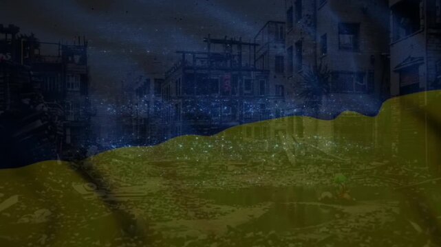 A Ukraine flag overlays destroyed buildings, showing a war background with distressed digital effects