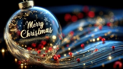 Christmas ornament glowing with merry christmas greeting and festive bokeh, copy space