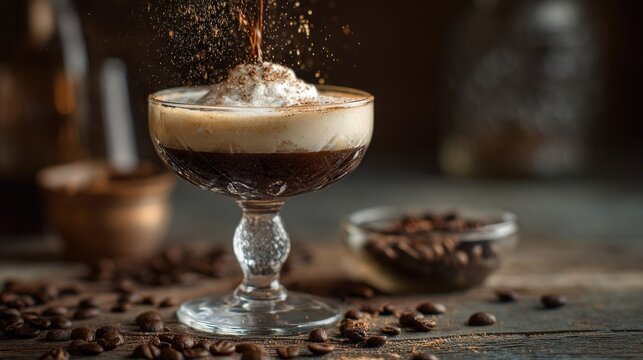 Elegant affogato dessert with espresso, ice cream, and coffee bean garnish