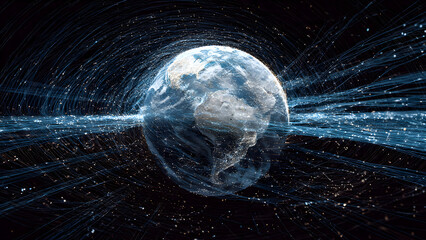 Vibrant abstract portrayal of a networked Earth with aurora-like data streams, edge computing nodes, cloud infrastructure, and satellite meshes forming an integrated global telecommunication system