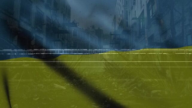 A Ukraine flag overlays destroyed buildings, showing a war background with distressed digital effects