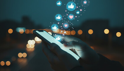 Social media engagement and online interaction concept. Woman's hands using a smartphone with glowing like and heart icons.
