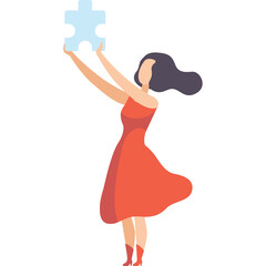 Woman in a coral red dress holding a light blue puzzle piece above her head on a transparent white background symbolizing solution and connection
