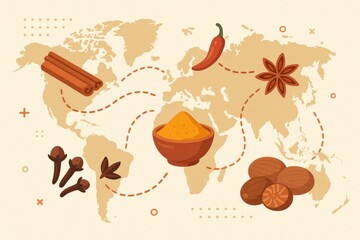 Global Flavor Map Featuring Aromatic Spices Including Cinnamon, Chili, and Star Anise Illustrating Culinary Exploration and Cultural Richness in Gastronomic Journeys