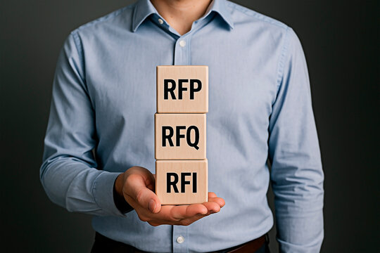 Request for Proposal (RFP) concept demonstrated by businessman holding blocks for the concept of business solution.