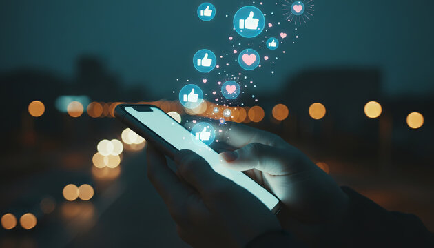 Social media engagement and online interaction concept. Woman's hands using a smartphone with glowing like and heart icons.