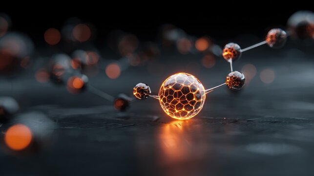 Abstract Molecular Structure with Glowing Core Connections and Interlinked Spheres