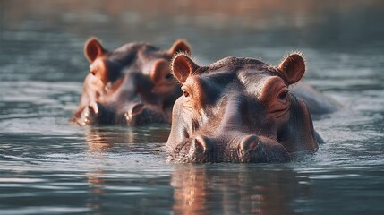 Fototapeta premium Two massive aquatic mammals surface in calm water during the day