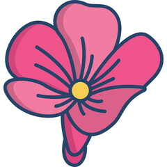 Vibrant Pink Flower With Yellow Center And Blue Outline Isolated On White Background Stylized Simple Illustration