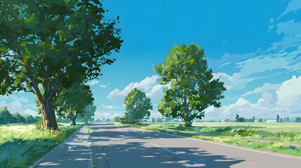Countryside roadway stretches under bright blue summer sky lined with lush green trees