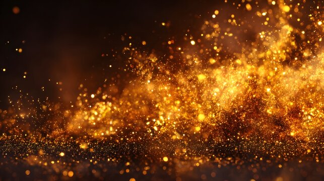 Brilliant golden particles generate a dynamic, sparkling energy across a dark background
