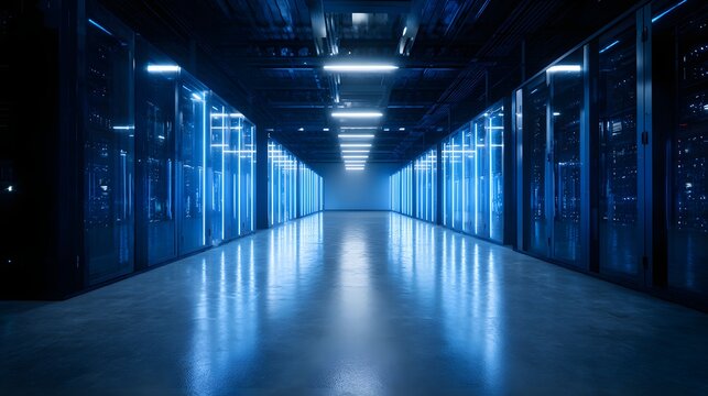 Interior view of a long corridor lined with illuminated electronic equipment racks in a data center