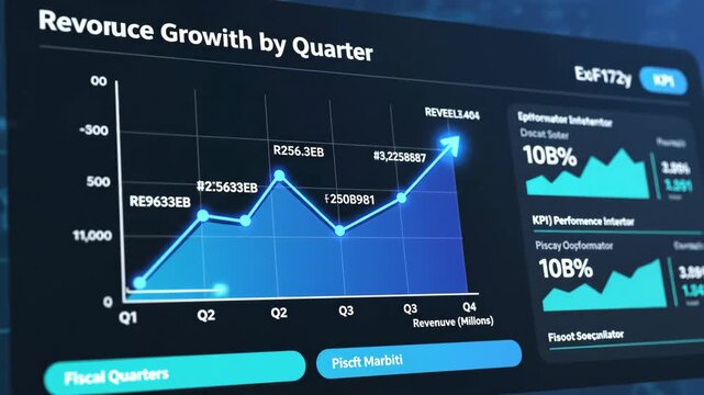 A digital display presents a financial growth chart over quarters with key performance indicators