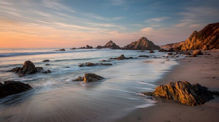 Scenic coastal landscape captures incoming tide washing over rocky shoreline at sunset