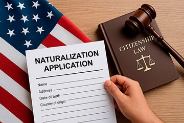 Naturalization application with flag for the concept of law and US citizenship.
