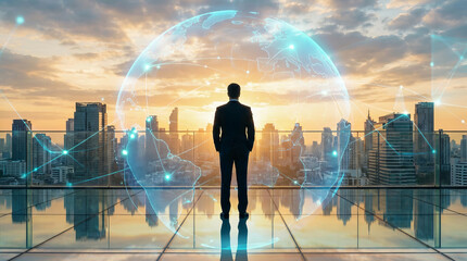 Global business vision and future technology network concept. Businessman leader looking at digital earth over city.