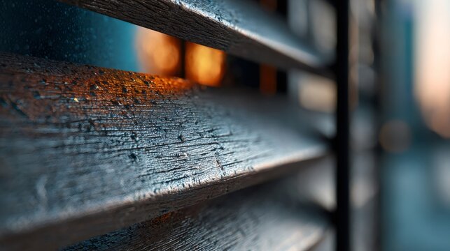 Wooden blinds showing water drops on a rainy day - Powered by Adobe