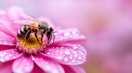 Honey bee pollinating pink flower covered in water drops