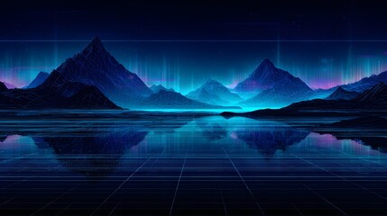 Digital landscape displays glowing atmospheric phenomena over dark, wireframe mountains reflected in water
