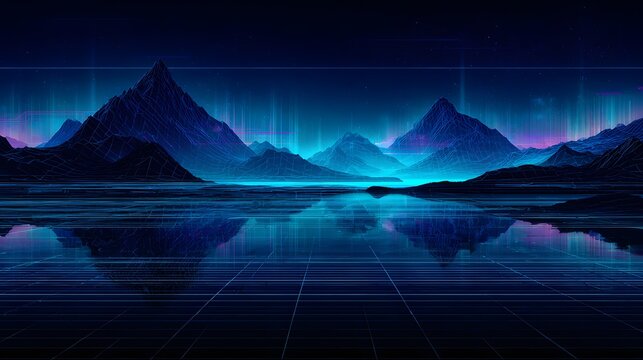 Digital landscape displays glowing atmospheric phenomena over dark, wireframe mountains reflected in water
