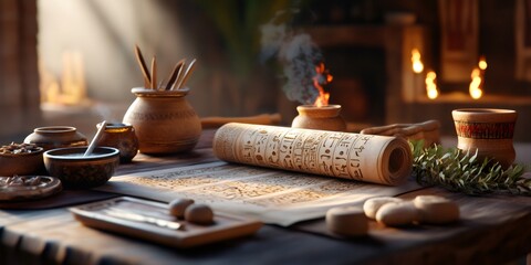 Ancient Egyptian scribe writing papyrus scroll with hieroglyphs