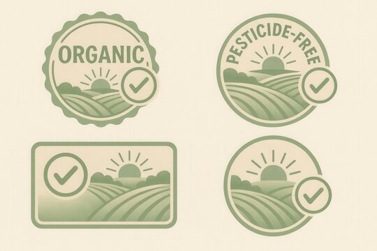 Sustainable agricultural certification labels symbolizing organic farming principles and promoting eco friendly practices conveying health consciousness and environmental stewardship