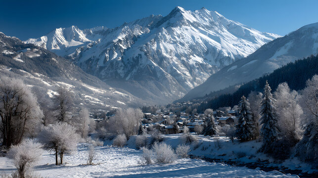 Panorama sur le parc de la Vanoise sous la neige, avec le village d&rsquo;Aussois et les montagnes enneig&eacute;es de la Haute-Maurienne, en Savoie, dans les Alpes, en hiver (France)