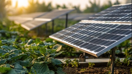 Fototapeta premium Solar panels stand among crops, catching sunlight in a blurred, green field
