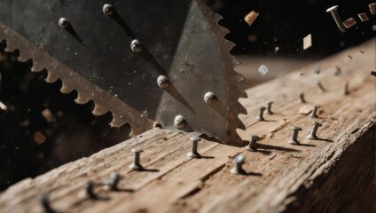 Close up of two circular saws cutting through a wooden plank with nails.